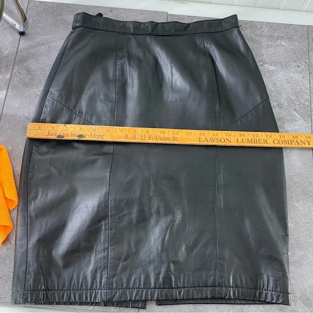 Tangu Vintage 80s Leather Skirt Size 9/10 Black Pencil Mobwife Goth Dance Snap‎
